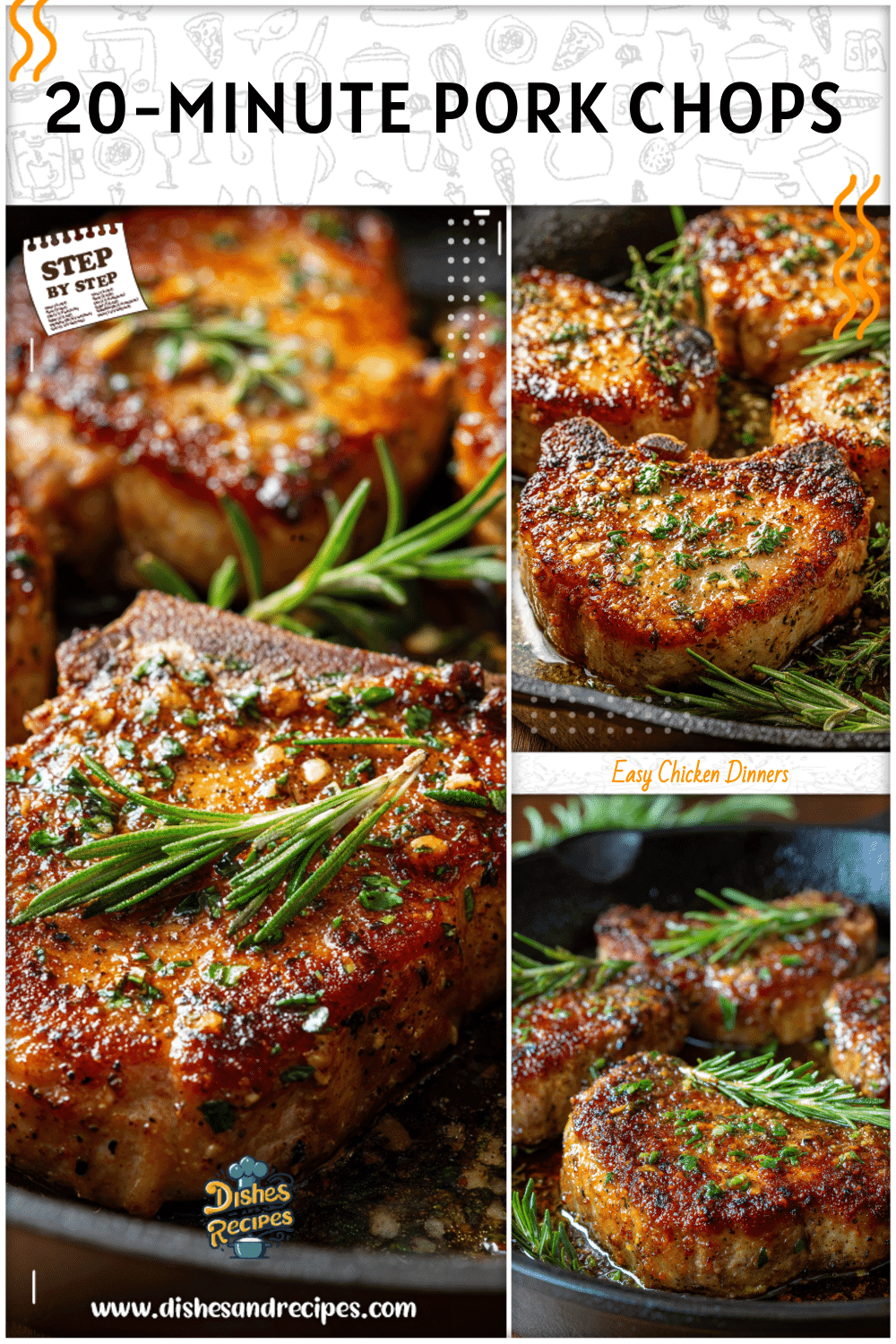 Crispy crusted pork chops in a cast iron skillet with garlic and rosemary.