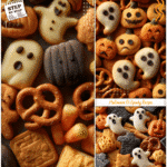 Assorted spooky party food ideas with Halloween shaped food like ghost cookies and pumpkin pretzels.