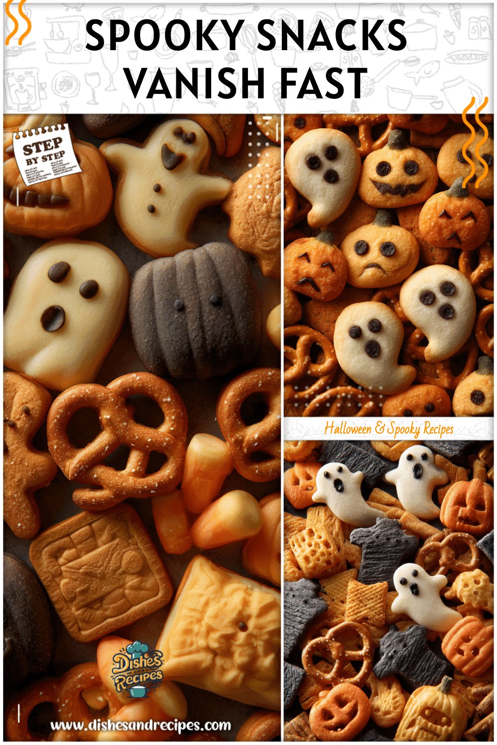 Assorted spooky party food ideas with Halloween shaped food like ghost cookies and pumpkin pretzels.