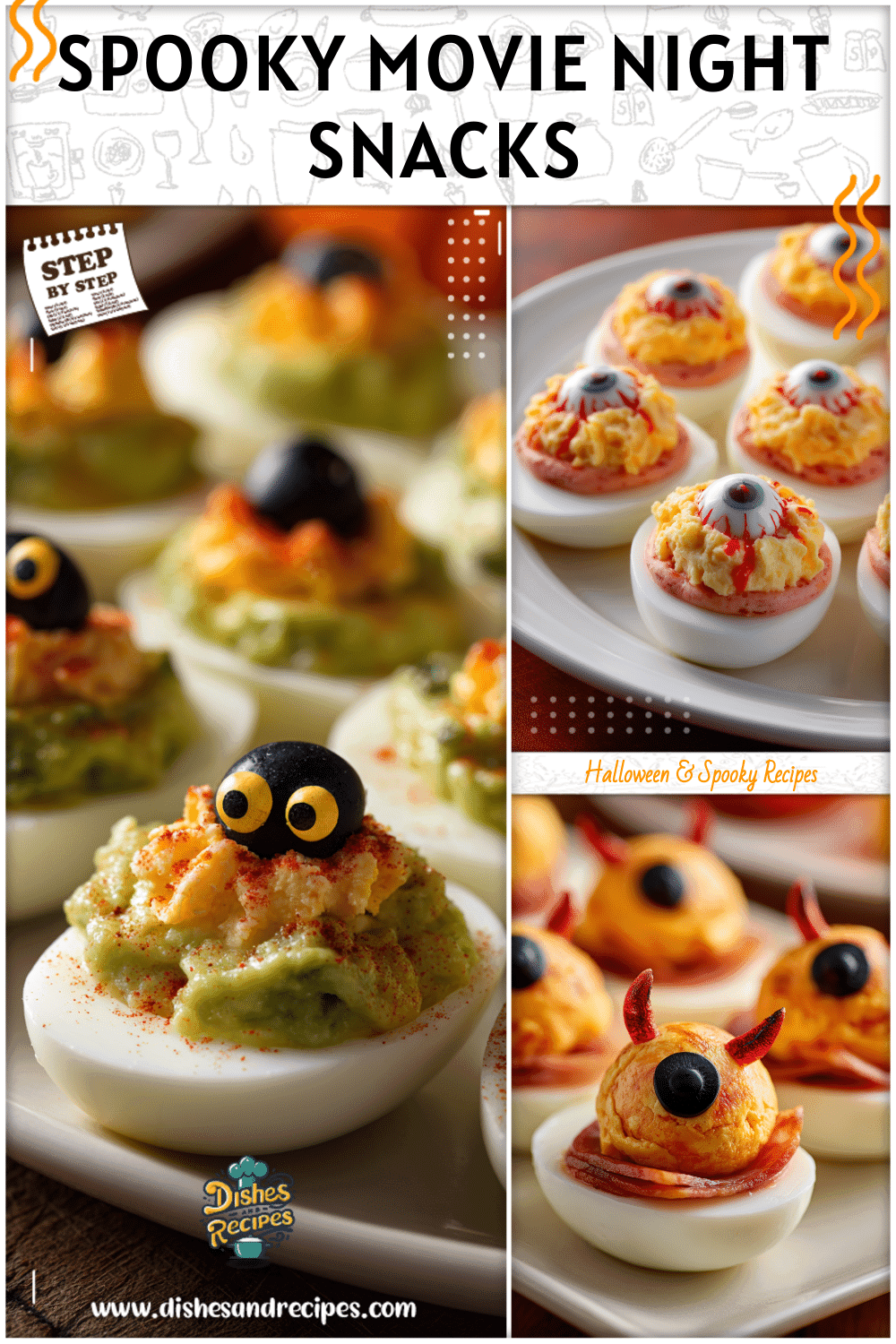Deviled eggs styled as devil eyes on a white plate for scary party food.