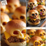 Adams Family Food Idea: Cheeseburger Skulls 5 Cheeseburger skulls styled like Adams Family Food centerpiece with spooky Halloween buns