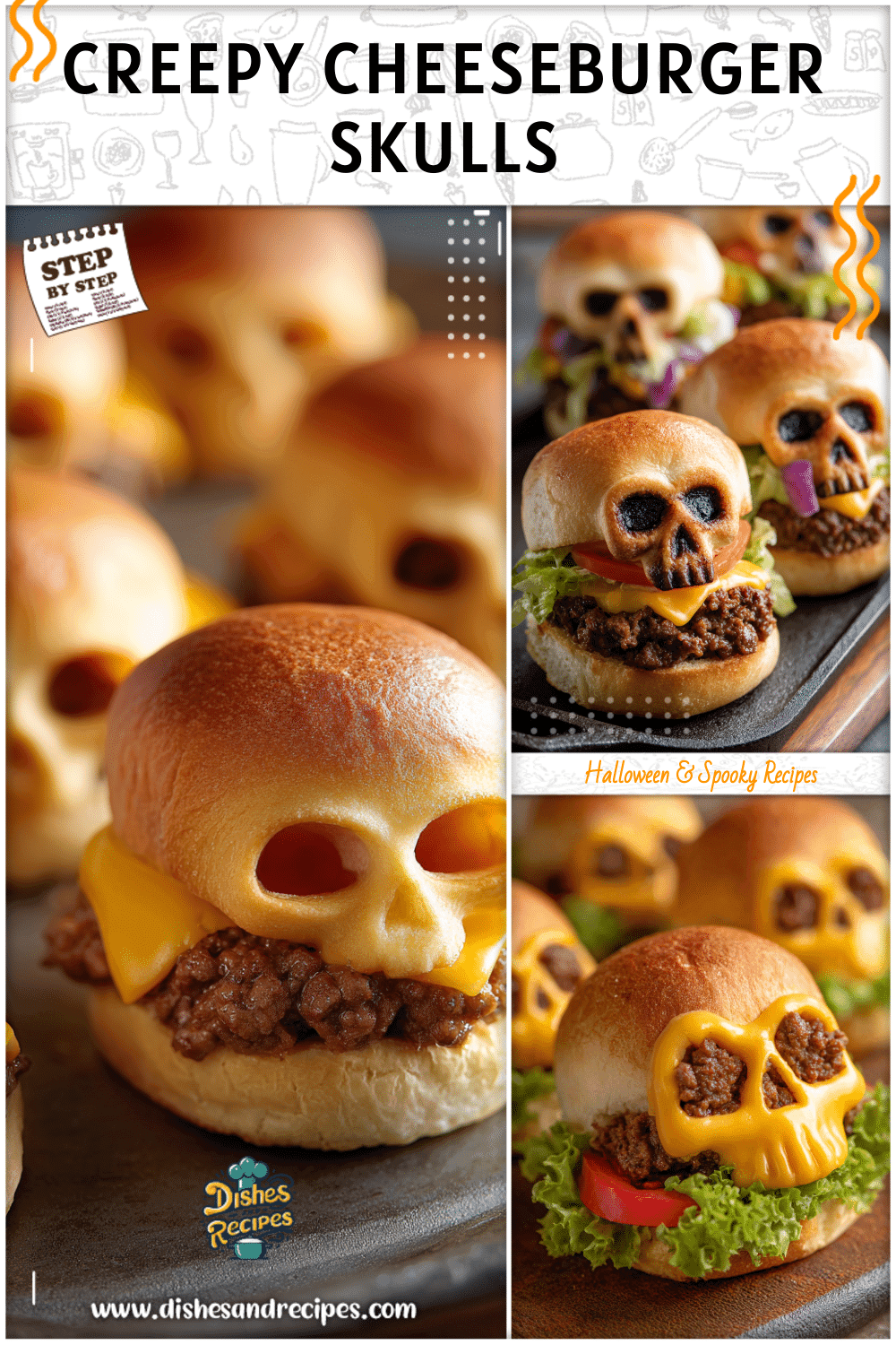 Cheeseburger skulls styled like Adams Family Food centerpiece with spooky Halloween buns