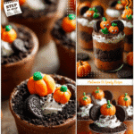 Pumpkin patch dirt cups decorated with crushed cookies and candy pumpkins for a kids Halloween treat.