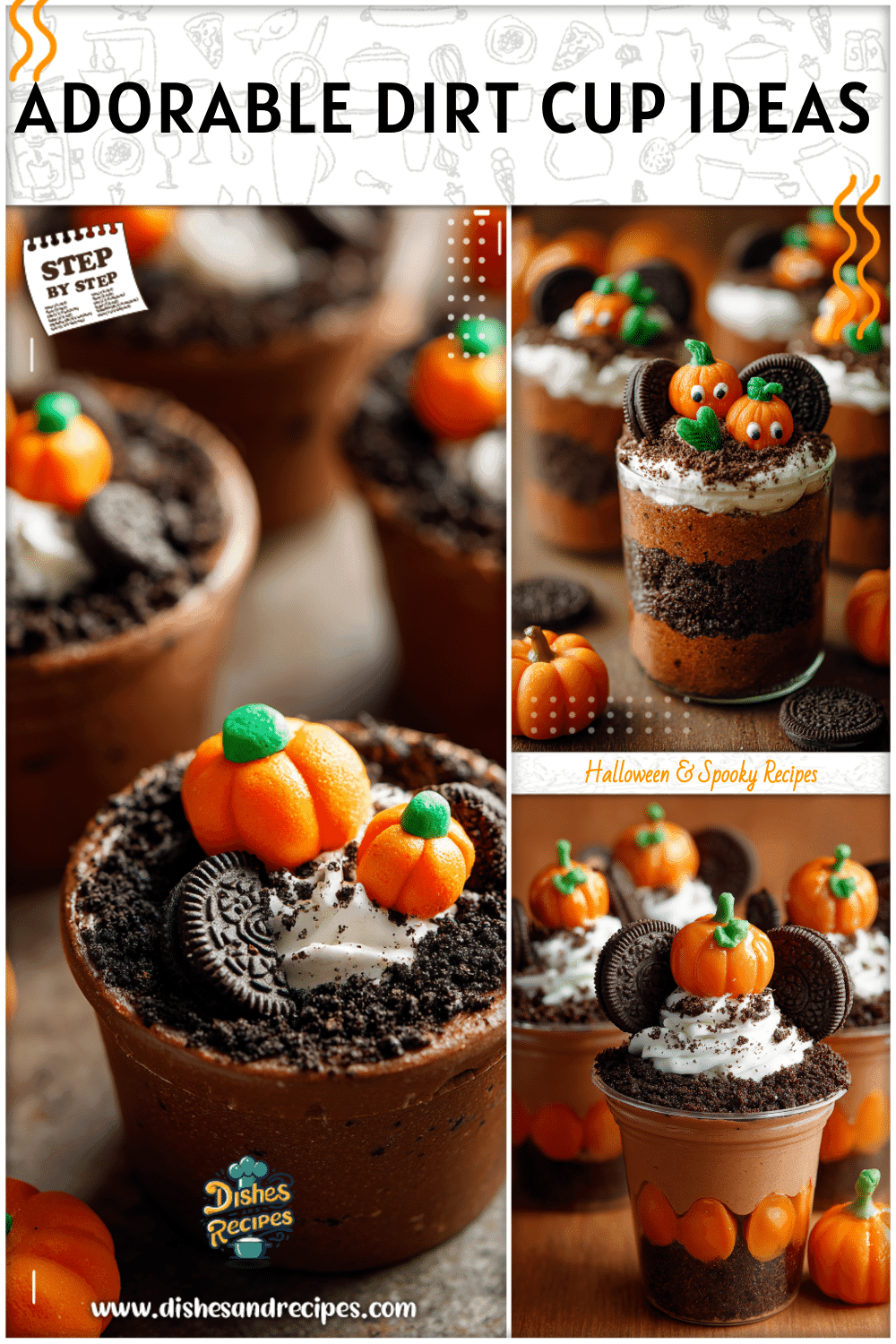 Pumpkin patch dirt cups decorated with crushed cookies and candy pumpkins for a kids Halloween treat.