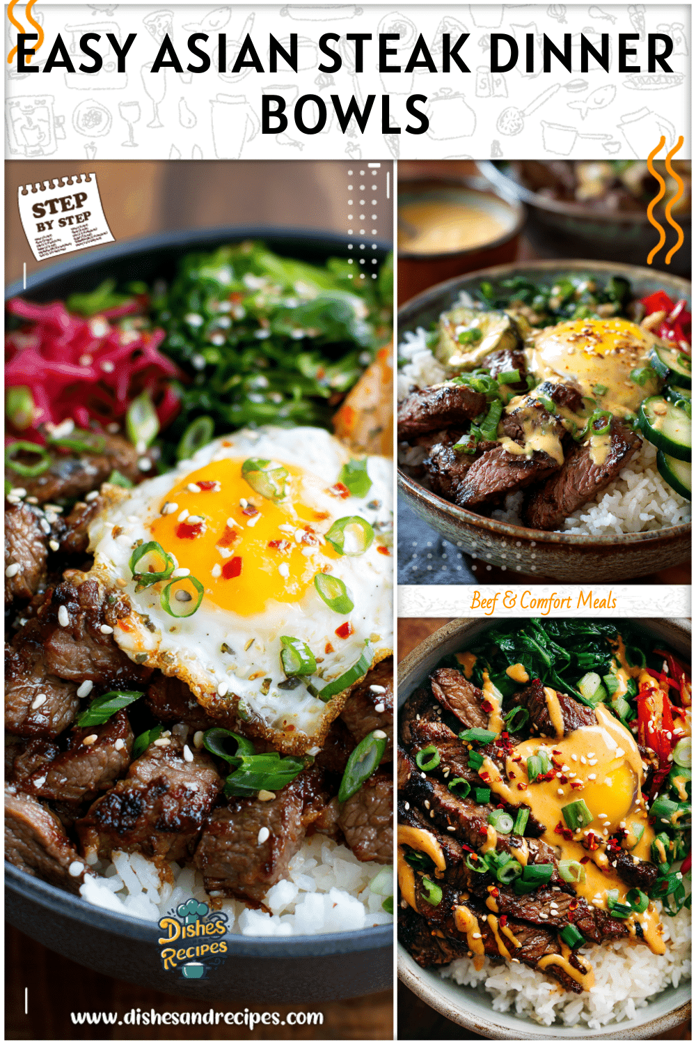 Korean steak dinner bowl with rice and spicy creamy sauce styled for an Asian cooking theme.