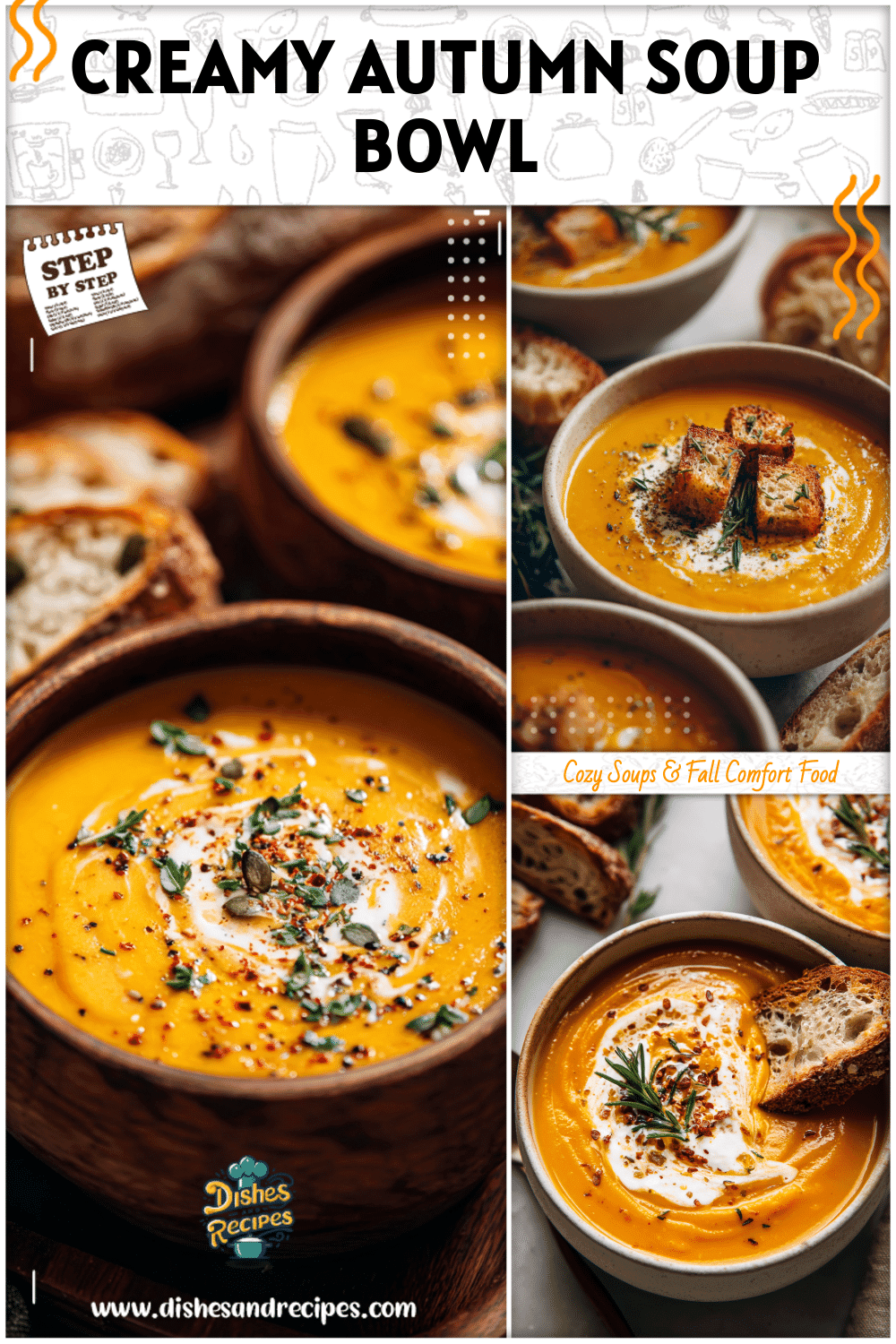 Creamy autumn stew style butternut squash soup served with rustic bread and garnish.