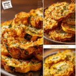 Baked Squash with Crispy Parmesan Perfection 5 Crispy Parmesan-topped squash slices sprinkled with herbs on a serving plate