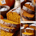 Homemade pumpkin bread made with fresh pumpkin puree, sliced and dusted with powdered sugar