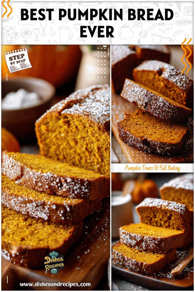 Homemade pumpkin bread made with fresh pumpkin puree, sliced and dusted with powdered sugar