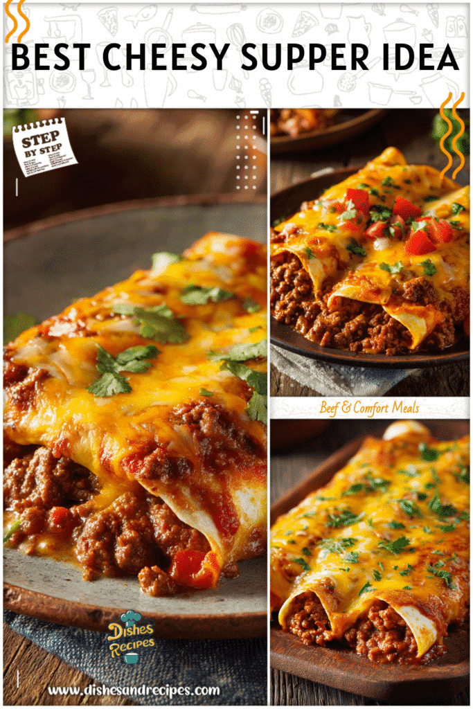 Home 34 Best Supper Ideas featuring cheesy baked ground beef enchiladas on a rustic wooden table ready for serving.