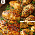 Seasoned golden-baked chicken breasts arranged on a baking sheet with parsley garnish.
