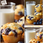 Blueberry cottage cheese muffins served with a glass of milk on a bright breakfast table.