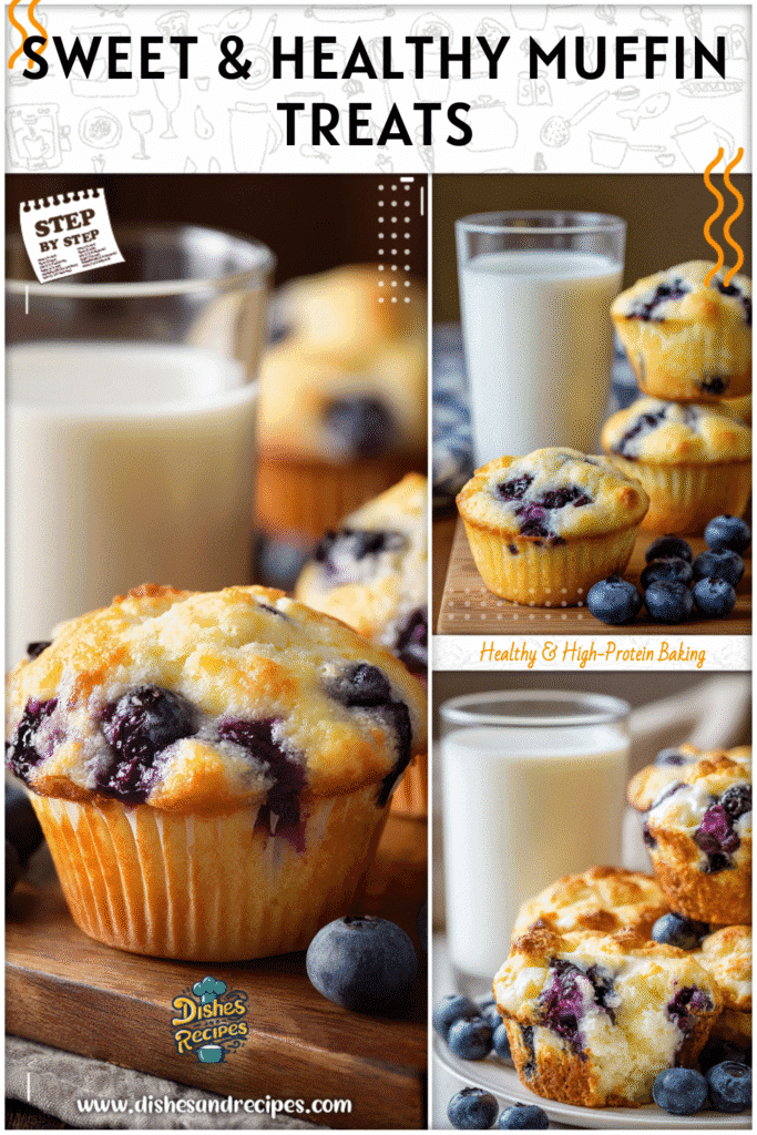 Home 29 Blueberry cottage cheese muffins served with a glass of milk on a bright breakfast table.