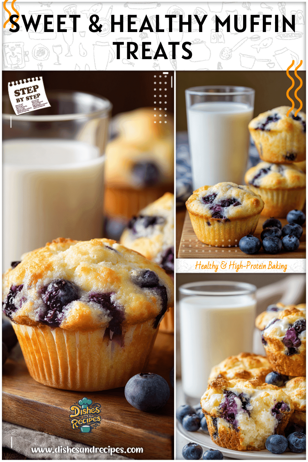 Blueberry cottage cheese muffins served with a glass of milk on a bright breakfast table.