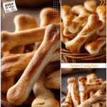 Bone-shaped breadsticks placed in a basket for a cute Halloween snack or potluck dish.