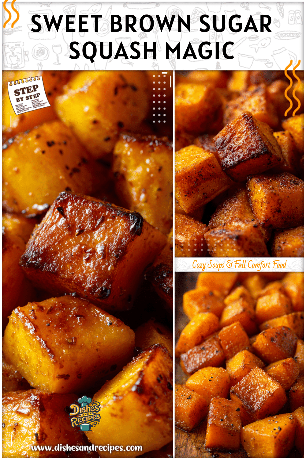 Golden roasted butternut squash cubes with brown sugar and cinnamon baked in the oven