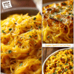 Baked spaghetti squash casserole with creamy butternut sauce and fresh herbs