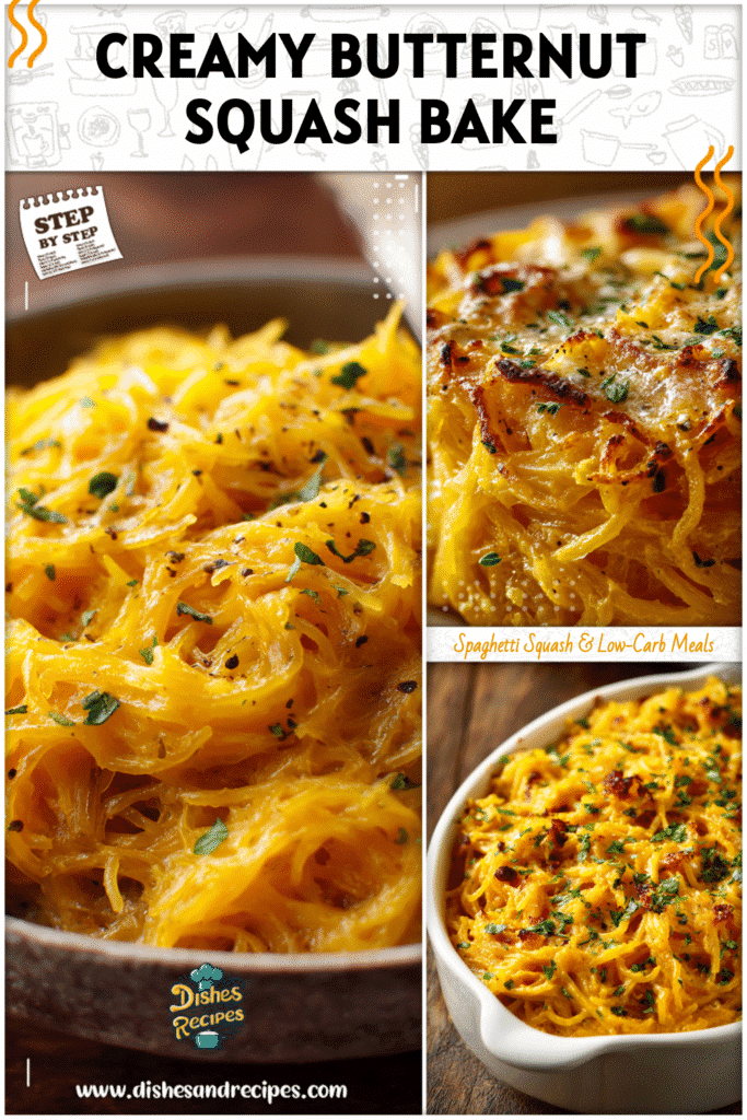 Baked spaghetti squash casserole with creamy butternut sauce and fresh herbs