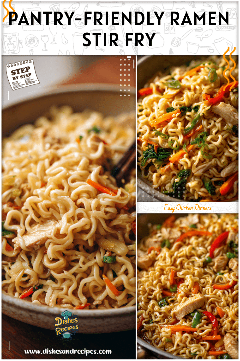 Stir fry made with canned chicken ramen noodles and vegetables in a bowl