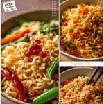 Canned Chicken Ramen Noodles with Sweet Chili Sauce 5 Bowl of canned chicken ramen noodles topped with chili sauce and fresh vegetables.