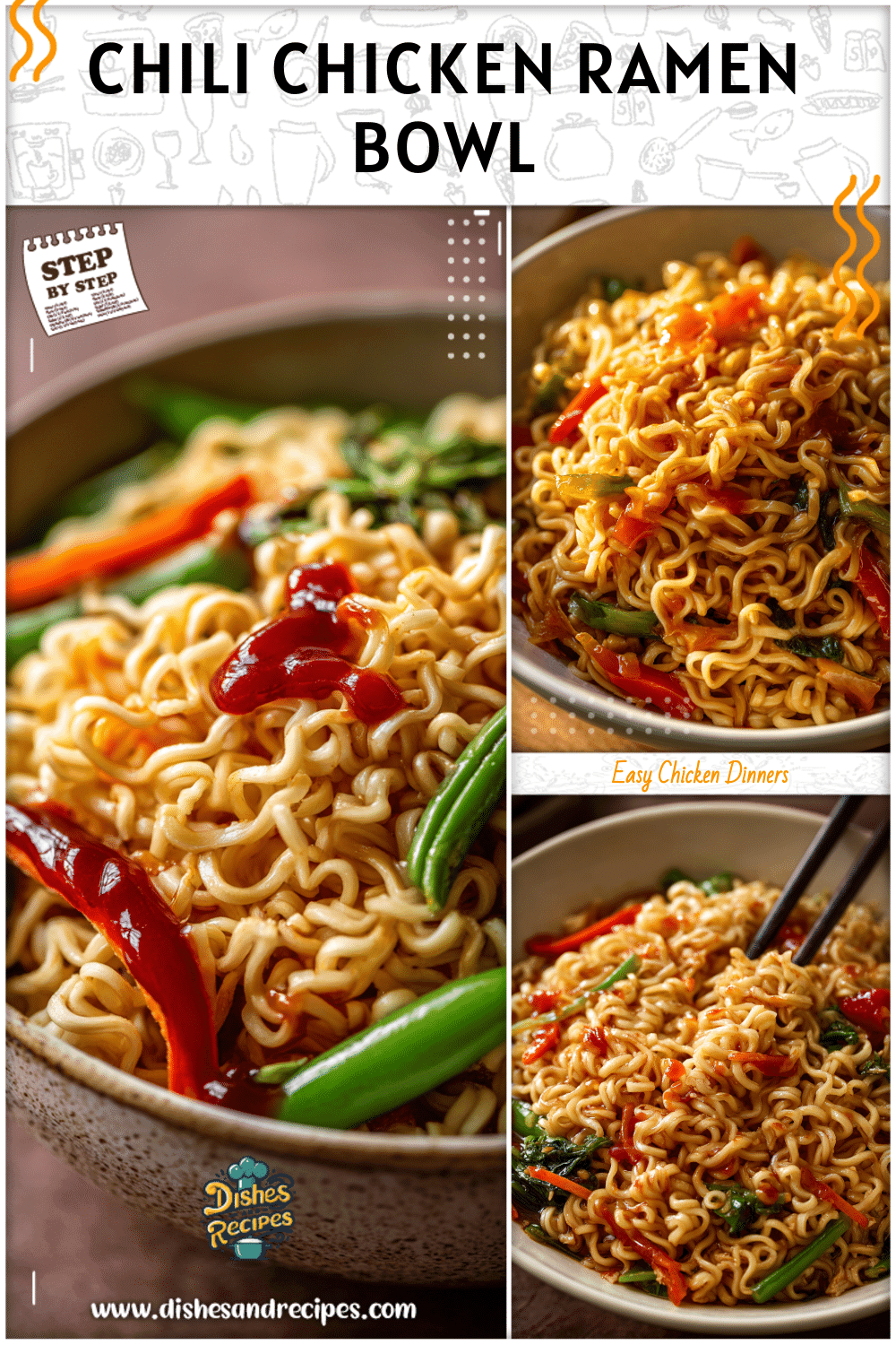 Bowl of canned chicken ramen noodles topped with chili sauce and fresh vegetables.