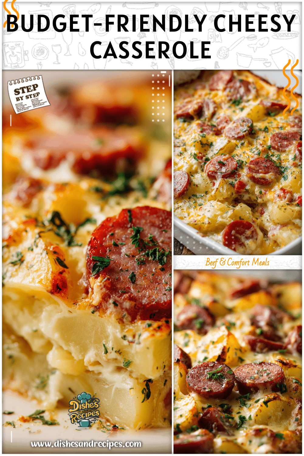 Baked casserole of cheesy ranch potatoes layered with smoked sausage slices and melted cheese.