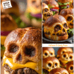 Skull-shaped ground beef cheeseburgers baked into Halloween buns using a skull pan