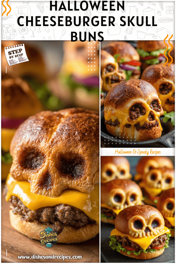 Skull-shaped ground beef cheeseburgers baked into Halloween buns using a skull pan
