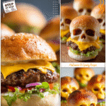 Cheeseburger skulls baked in skull pans and served on Halloween buns for a festive dinner Halloween idea.