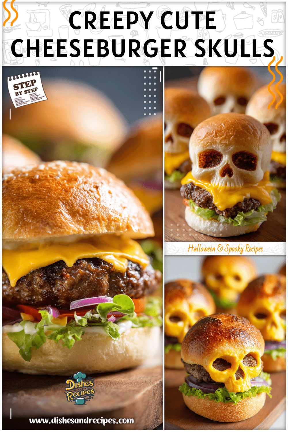 Cheeseburger skulls baked in skull pans and served on Halloween buns for a festive dinner Halloween idea.