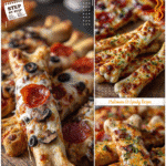 Cheesy bone-shaped breadsticks arranged next to pizza slices as Halloween pizza ideas.