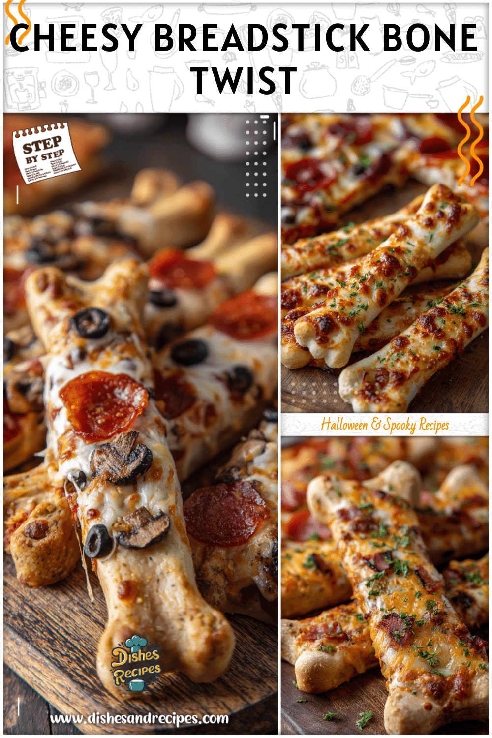 Cheesy bone-shaped breadsticks arranged next to pizza slices as Halloween pizza ideas.