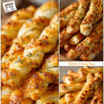 Golden cheesy breadstick bones styled on a platter with dip for spooky appetizers for Halloween.