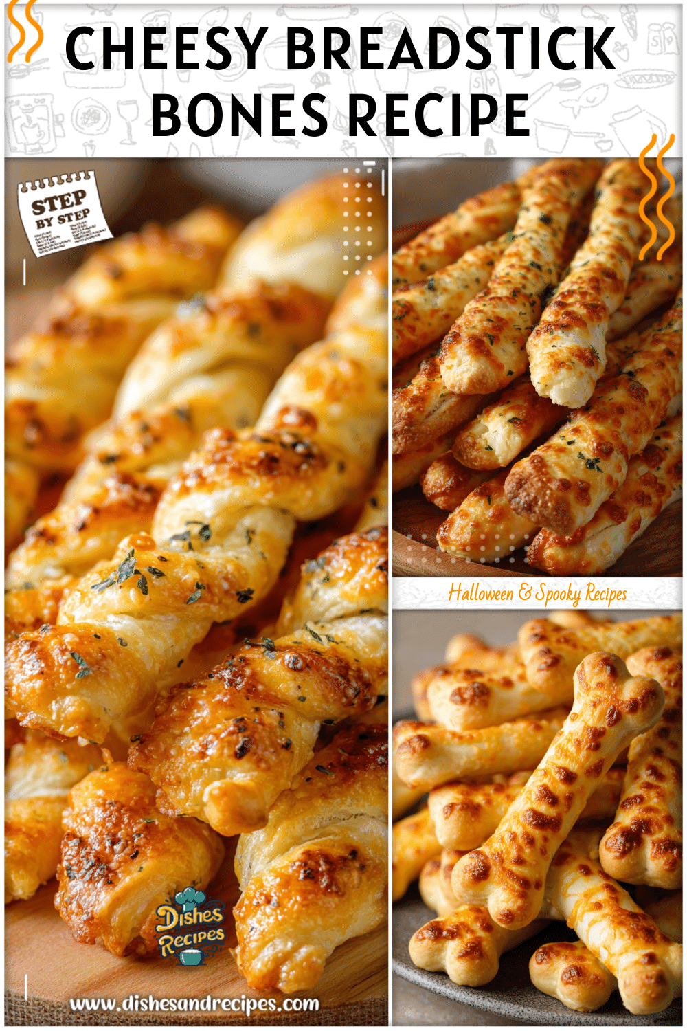 Golden cheesy breadstick bones styled on a platter with dip for spooky appetizers for Halloween.