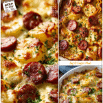Cheesy Ranch Potatoes with Smoked Sausage Bake 5 Golden cheesy ranch potatoes baked with slices of smoked sausage in a hearty casserole dish.