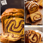 Cinnamon Swirl Pumpkin Bread Perfect for Fall Baking Recipes 5 Golden pumpkin bread with cinnamon swirls sliced on a cutting board for dessert bread lovers.