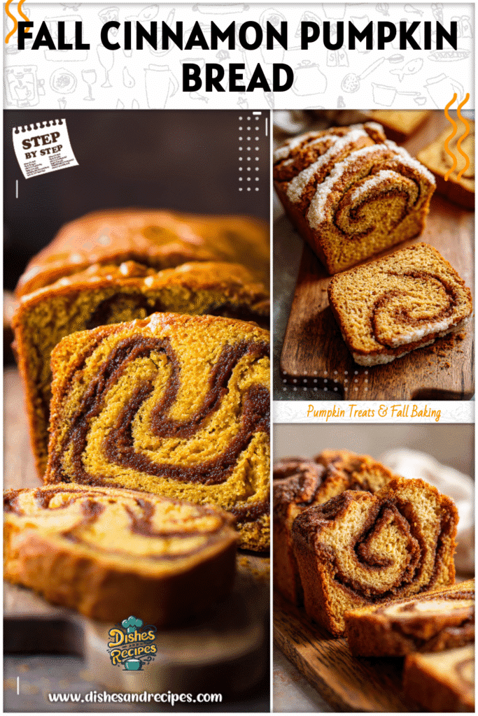 Golden pumpkin bread with cinnamon swirls sliced on a cutting board for dessert bread lovers.