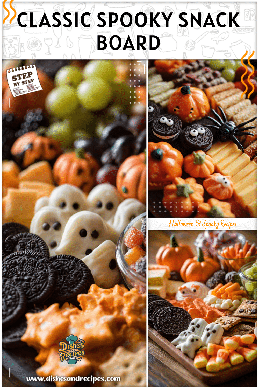 Classic spooky food board filled with themed Halloween ideas snacks and finger foods for kids