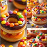 Stacked donuts decorated with candy slices and Halloween colors for fall birthdays and parties