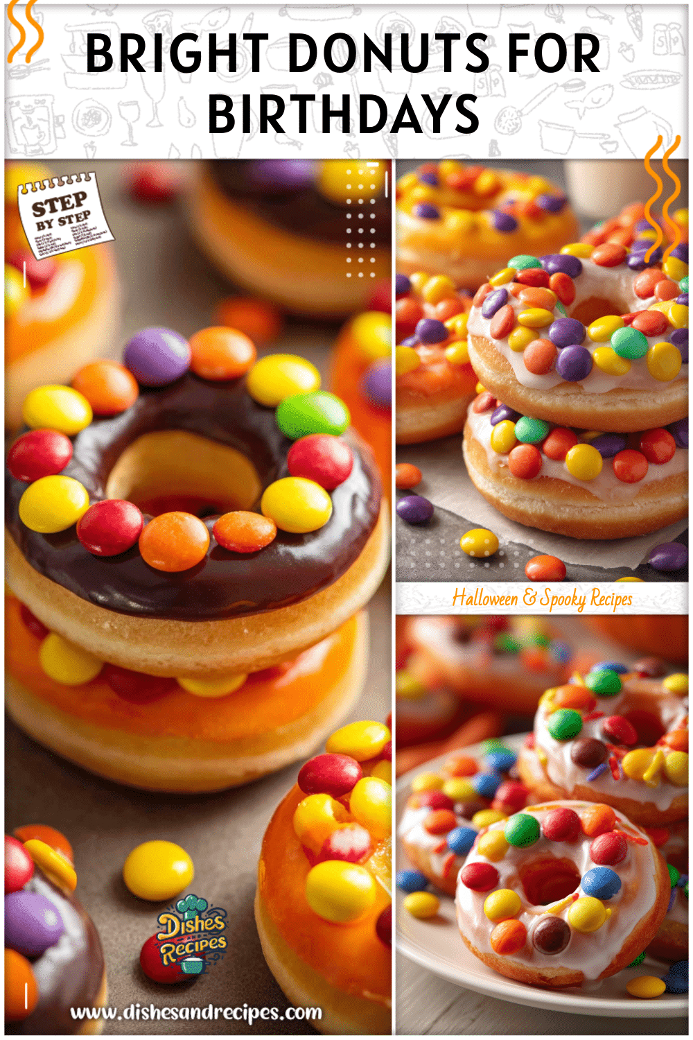 Stacked donuts decorated with candy slices and Halloween colors for fall birthdays and parties