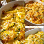 Yellow squash casserole with creamy cheesy layers served in a baking dish for dinner.