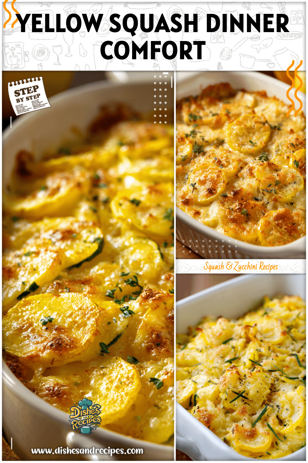 Yellow squash casserole with creamy cheesy layers served in a baking dish for dinner.