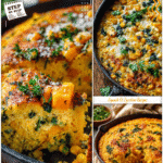 Vibrant corn and squash casserole garnished with fresh herbs served in a cast iron pan