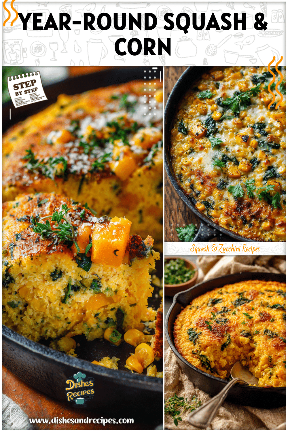 Vibrant corn and squash casserole garnished with fresh herbs served in a cast iron pan
