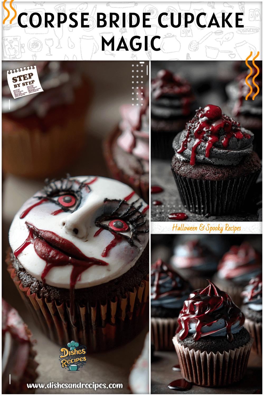 Darkly decorated Halloween Cupcakes inspired by Corpse Bride Food, styled as eerie Vampire Cupcakes.