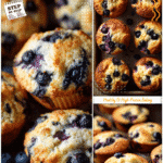 Overhead image of blueberry cottage cheese muffins cooling in a rustic baking tray on a kitchen counter.
