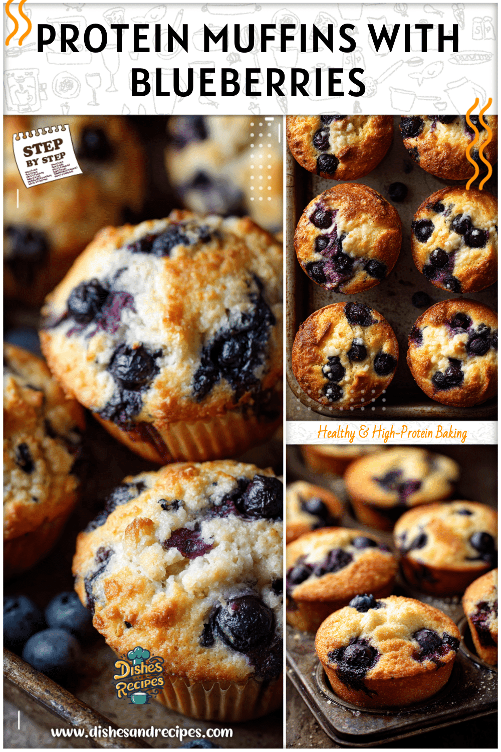 Overhead image of blueberry cottage cheese muffins cooling in a rustic baking tray on a kitchen counter.