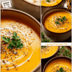 A creamy butternut squash soup served with a sprinkle of black pepper and parsley