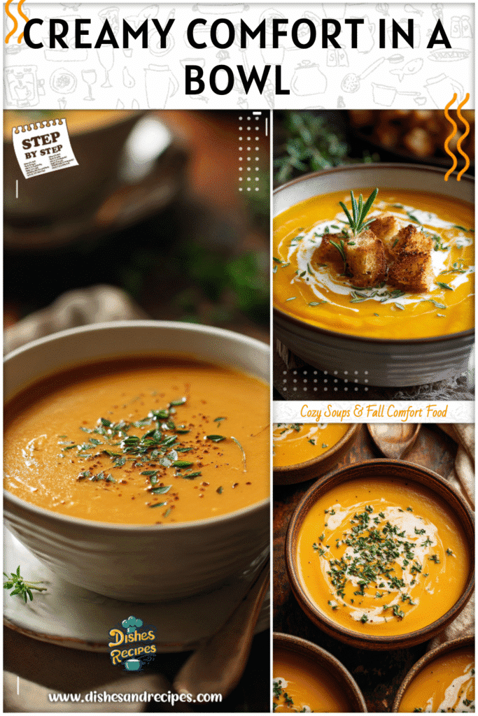 Home 35 A bowl of creamy butternut squash soup topped with fresh herbs served on a rustic table