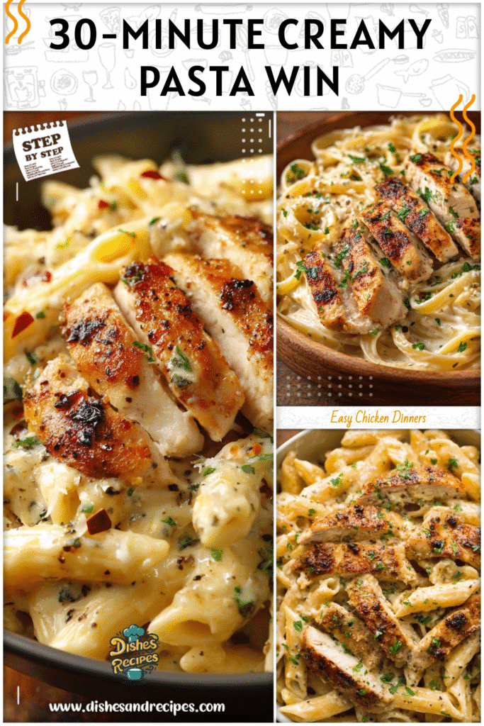 Home 32 Bowl of creamy garlic parmesan chicken pasta with golden chicken slices, perfect for Easy Dinner Meals For Family.